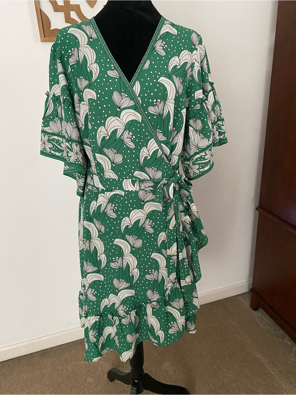 Green Floral Wrap Dress with Belt